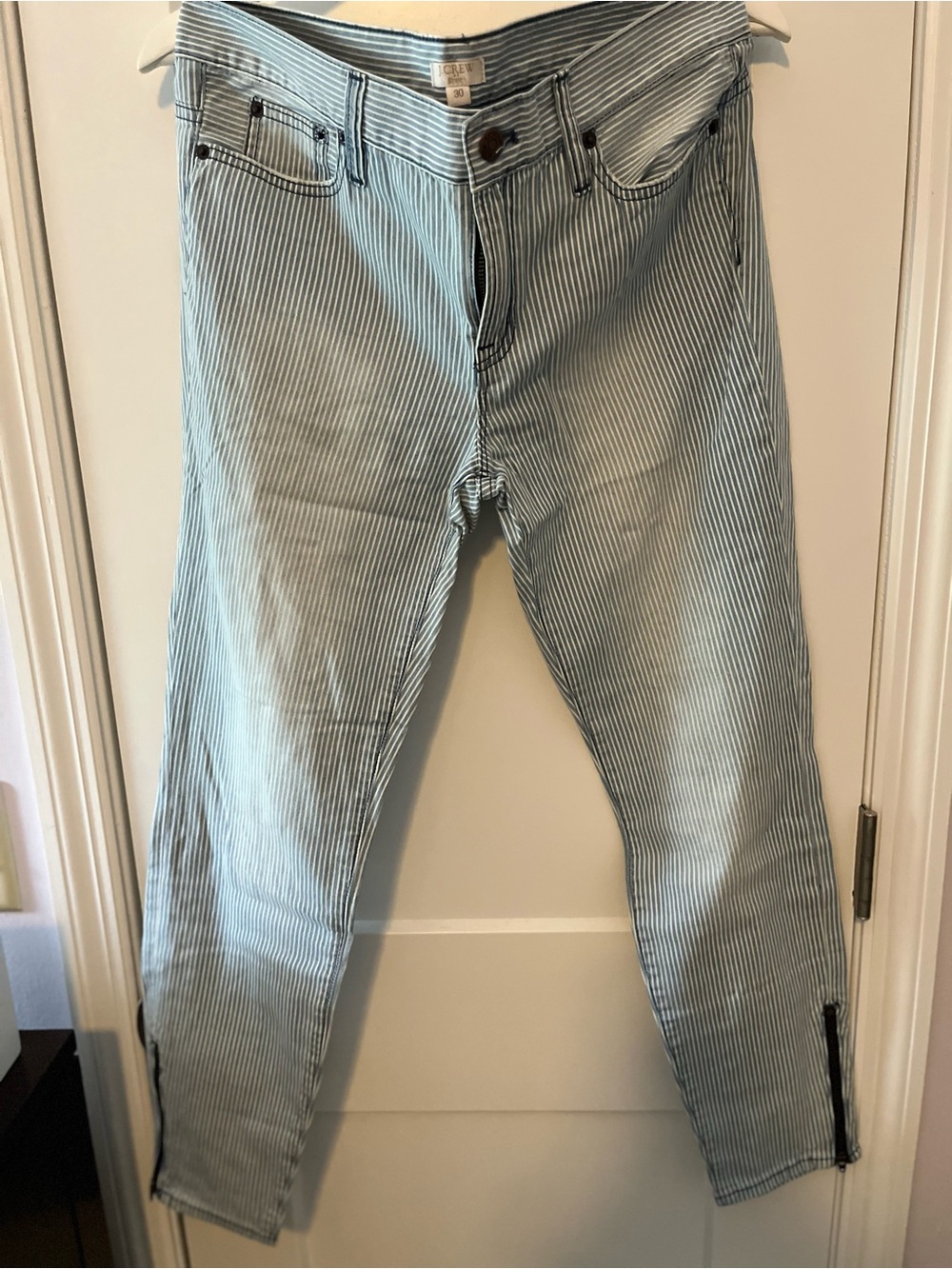 J. Crew Slim Straight Jeans in Light Blue and White Pinstripe